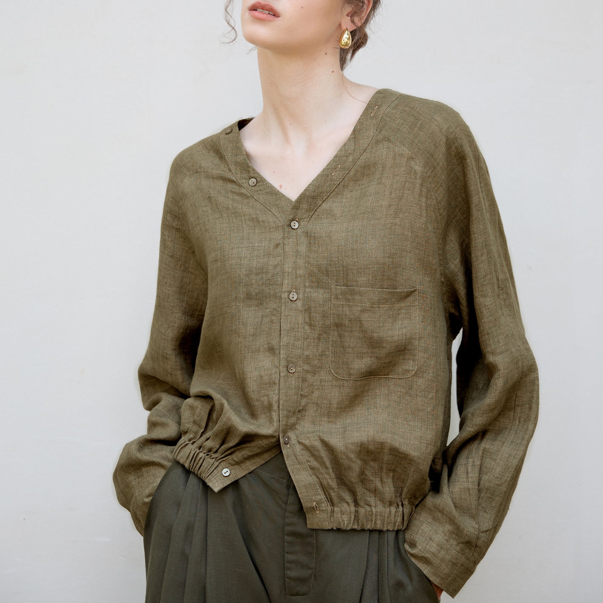 Women's Linen V-Neck Raglan Sleeve Shirt | Artistic Vintage Linen Blouse Women - EverCharm Gifts