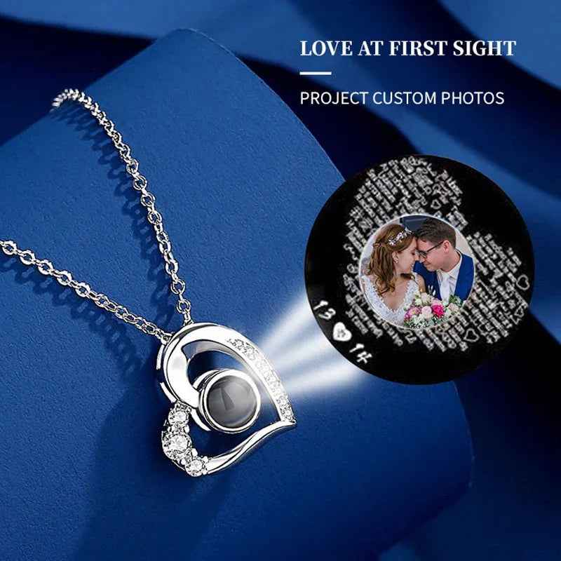 925 Silver Photo Projection Necklace – “I Love You” in 100 Languages Personalized Pendant for Her