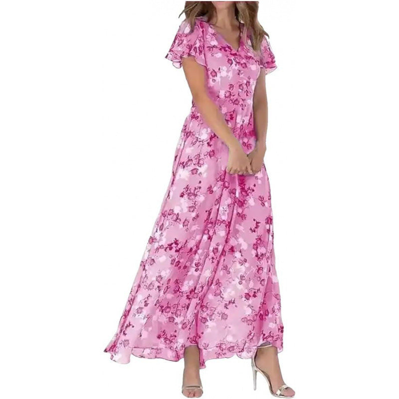 Womens Floral Chiffon Maxi Dress - Ruffle V-Neck Off-Shoulder Swing Dress | Elegant Boho Summer Dress TED