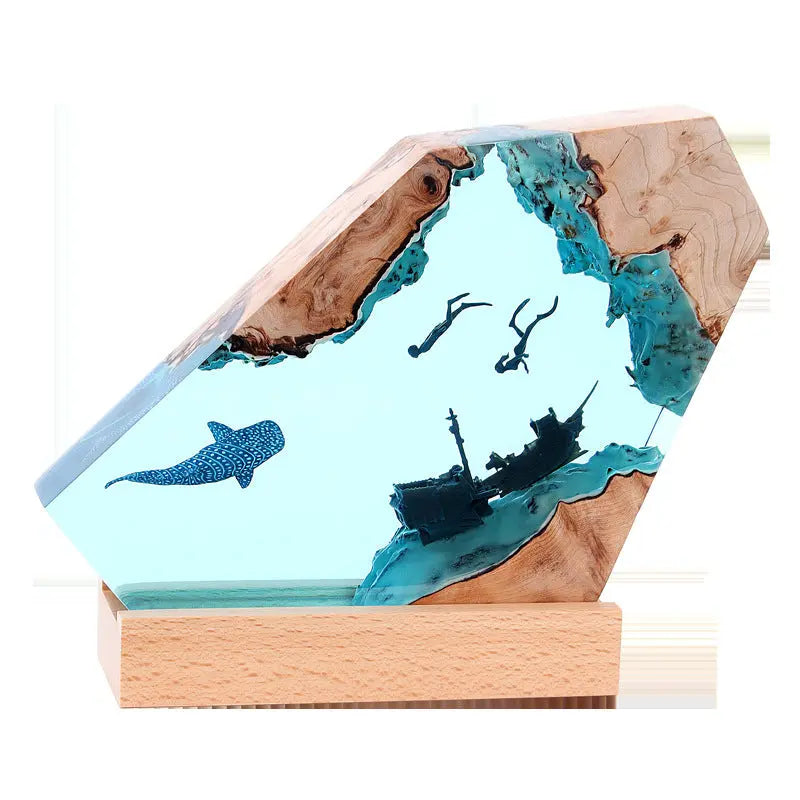 Ocean Whale Resin Lamp with Sunken Ship LED Night Light with Wooden Base Decor TED