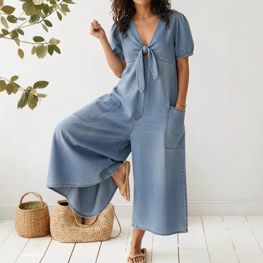 Womens Denim V-Neck Jumpsuit - Casual Loose Fit Straight Leg Romper | Free Shipping