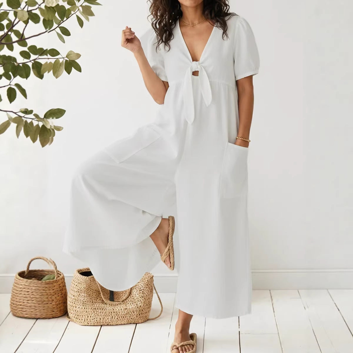 Womens Denim V-Neck Jumpsuit - Casual Loose Fit Straight Leg Romper | Free Shipping