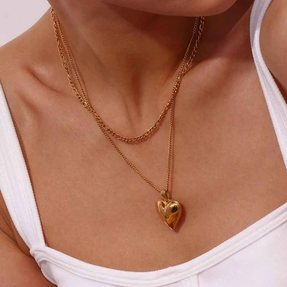 Gold Heart Pendant Necklace Double Layer Waterproof Stainless Steel Mother’s Day Gift Jewelry