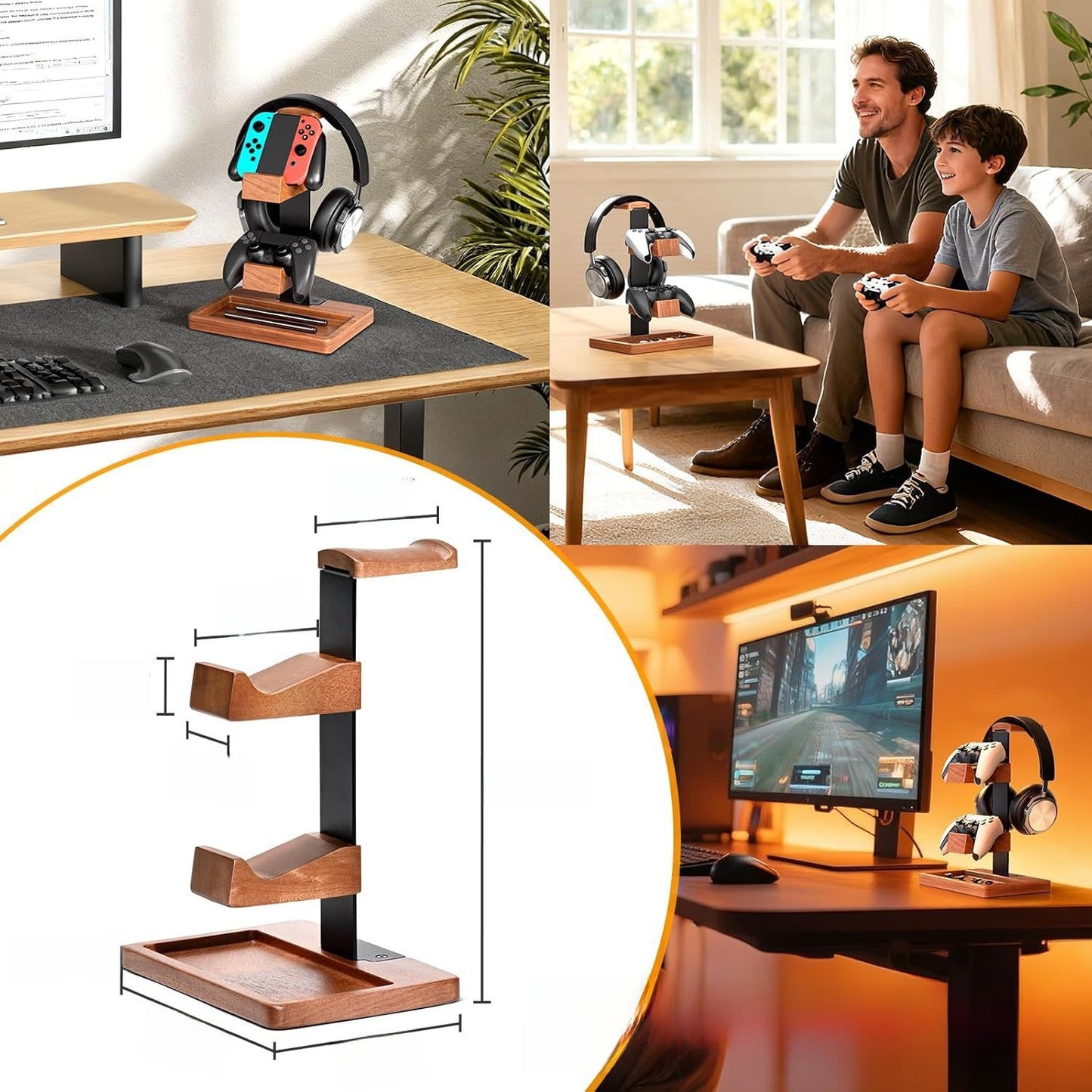 Wooden Gaming Headphone Stand | Multi-Tier Wood Headset & Controller Organizer - EverCharm Gifts