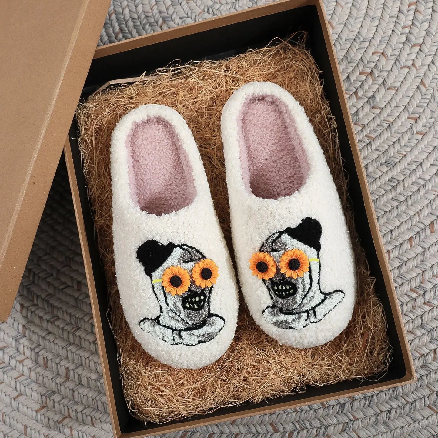 Halloween Plush Slippers Skull Pumpkin Ghost Cozy Anti-Slip Indoor Shoes TED