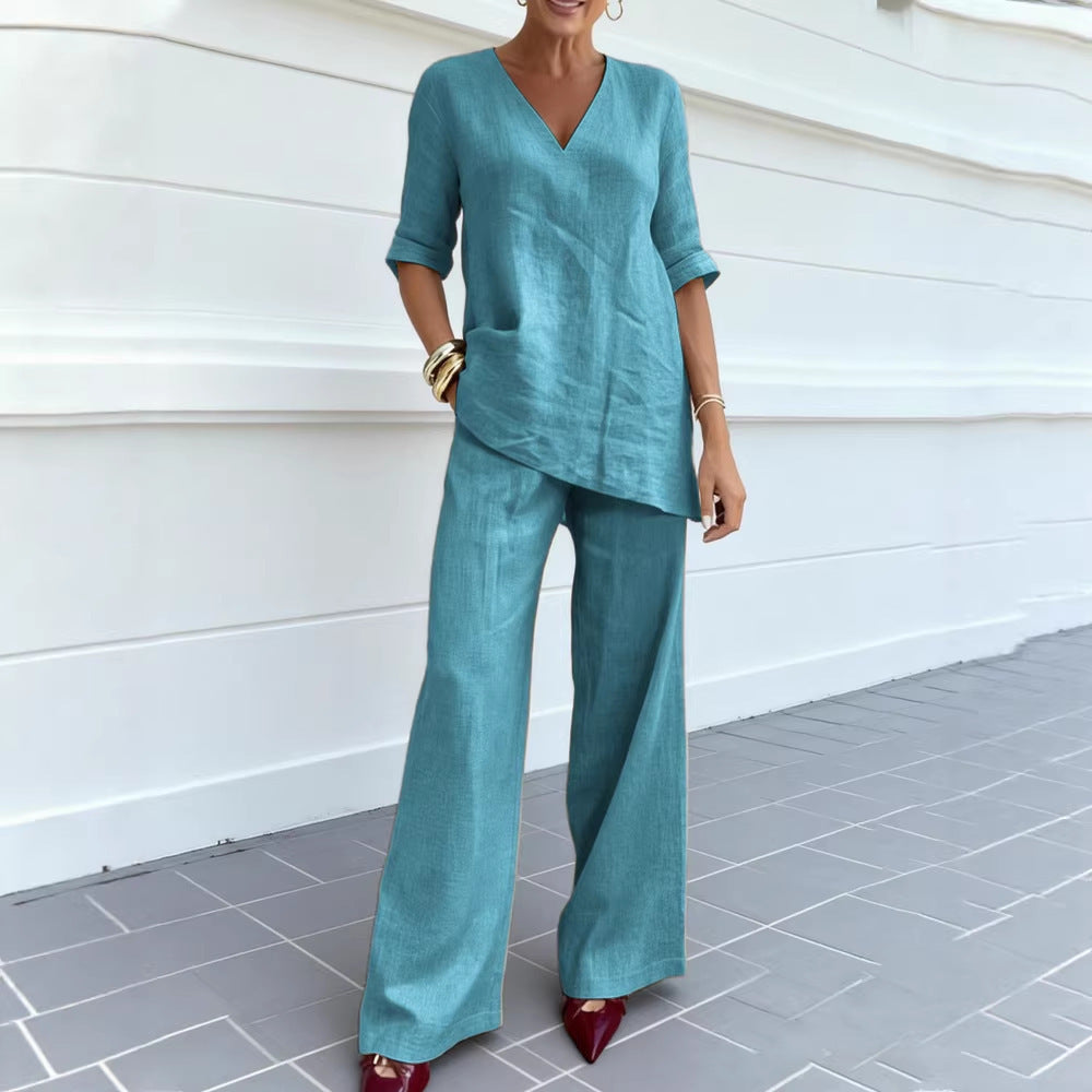 Womens Cotton Linen Lounge Set V-Neck 3/4 Sleeve Top & Casual Wide Leg Pants | Relaxed Two-Piece Outfit TED