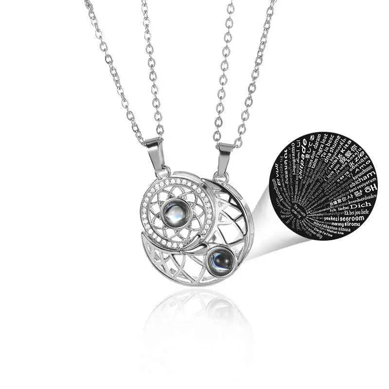 Sun & Moon Couple Projection Necklace – “I Love You” in 100 Languages Matching Set