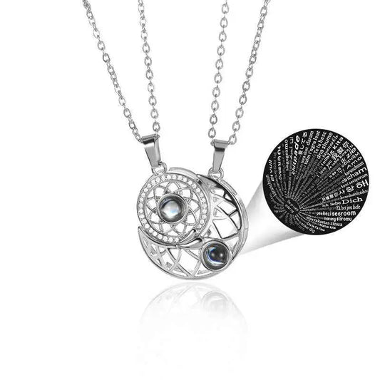 Sun & Moon Couple Projection Necklace – “I Love You” in 100 Languages Matching Set
