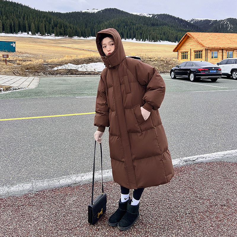 Women’s Long Hooded Puffer Coat – Knee-Length Cotton Winter Jacket | Loose Fit Zip-Up Warm Parka EPR