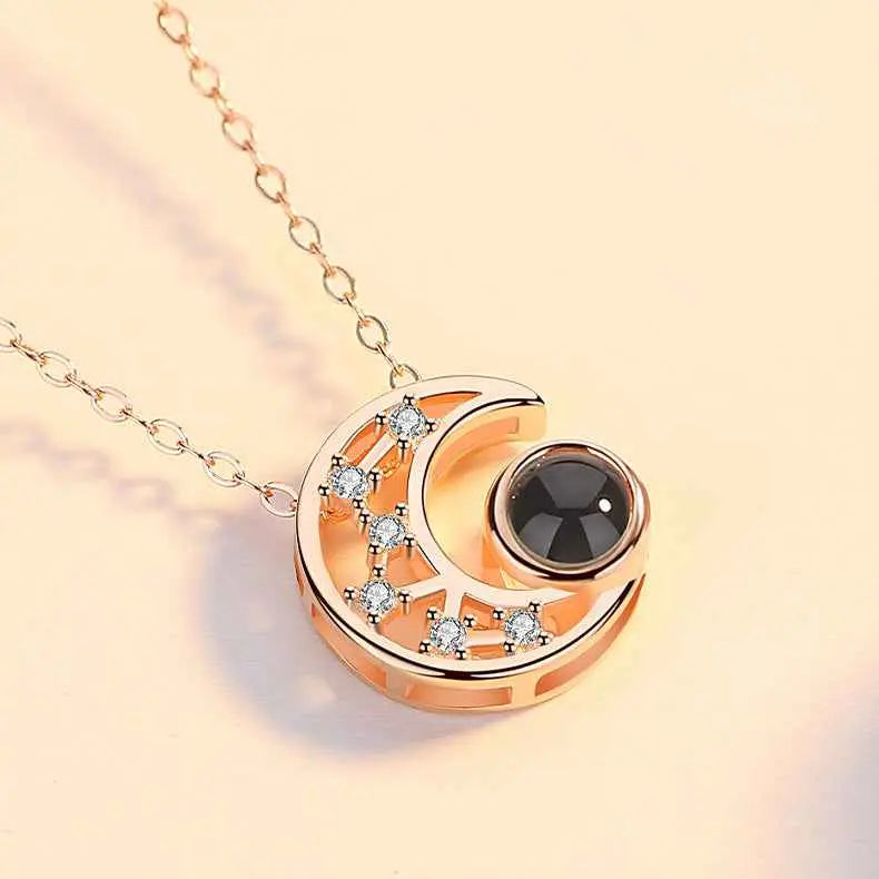 Star & Moon Projection Necklace – “I Love You” in 100 Languages Silver Clavicle Pendant