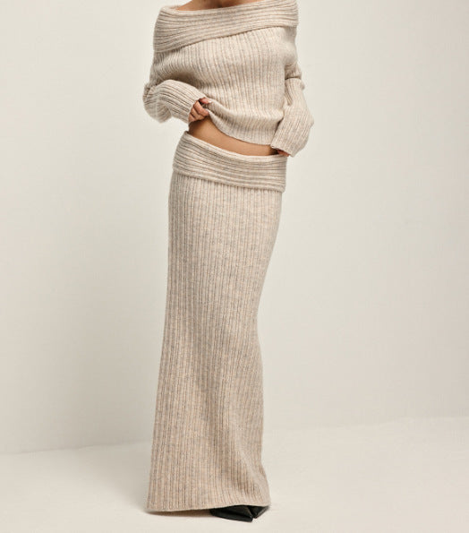 Womens Winter Outfit Two Piece Skirt Set – Off Shoulder Sweater & Long Skirt Outfit | Free Shipping