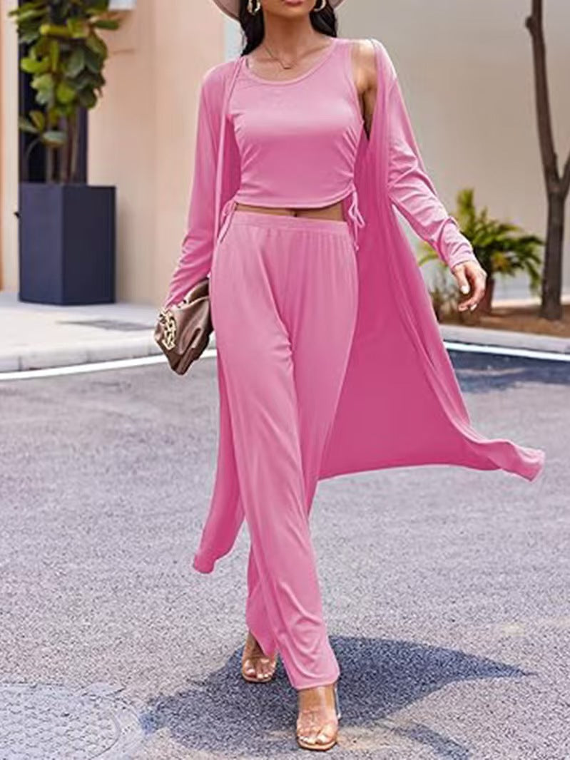 Women’s 3-Piece Knit Lounge Set – Long Sleeve Cardigan, Vest & Drawstring Pants | Elegant Casual Matching Outfit EPR