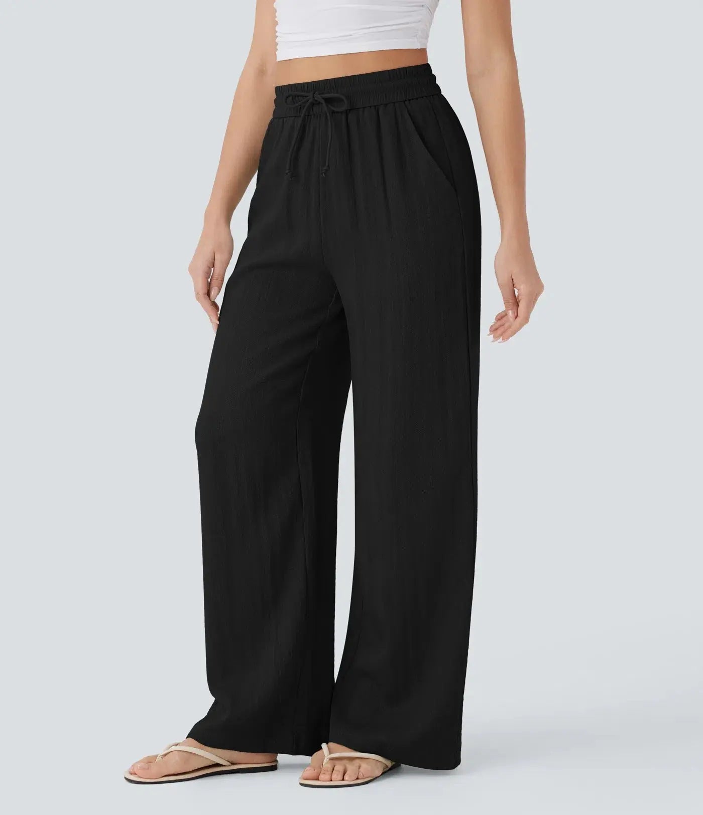 Women’s High-Waisted Wide Leg Pants – Drawstring Linen-Feel Trousers with Pockets | Casual Relaxed Fit TED