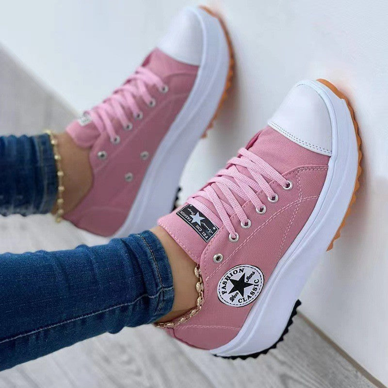 Womens T-Strap Canvas Platform Shoes - Casual Round Toe Lace-Up Sneakers | Comfortable Flat Heel Fashion Shoes TED