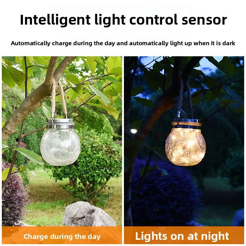 Solar Hanging Glass Lantern Cracked Jar LED Garden Light Warm White Outdoor Decor TED