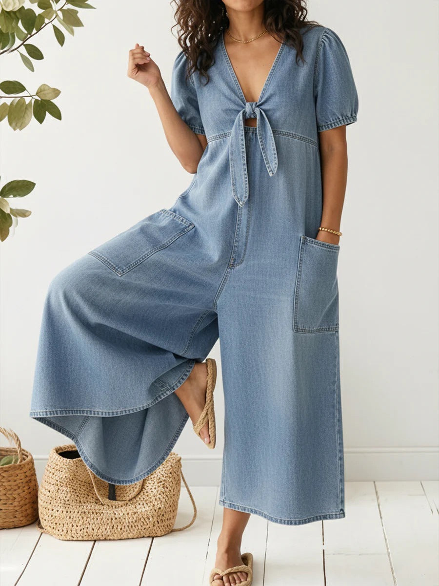 Womens Denim V-Neck Jumpsuit - Casual Loose Fit Straight Leg Romper | Free Shipping