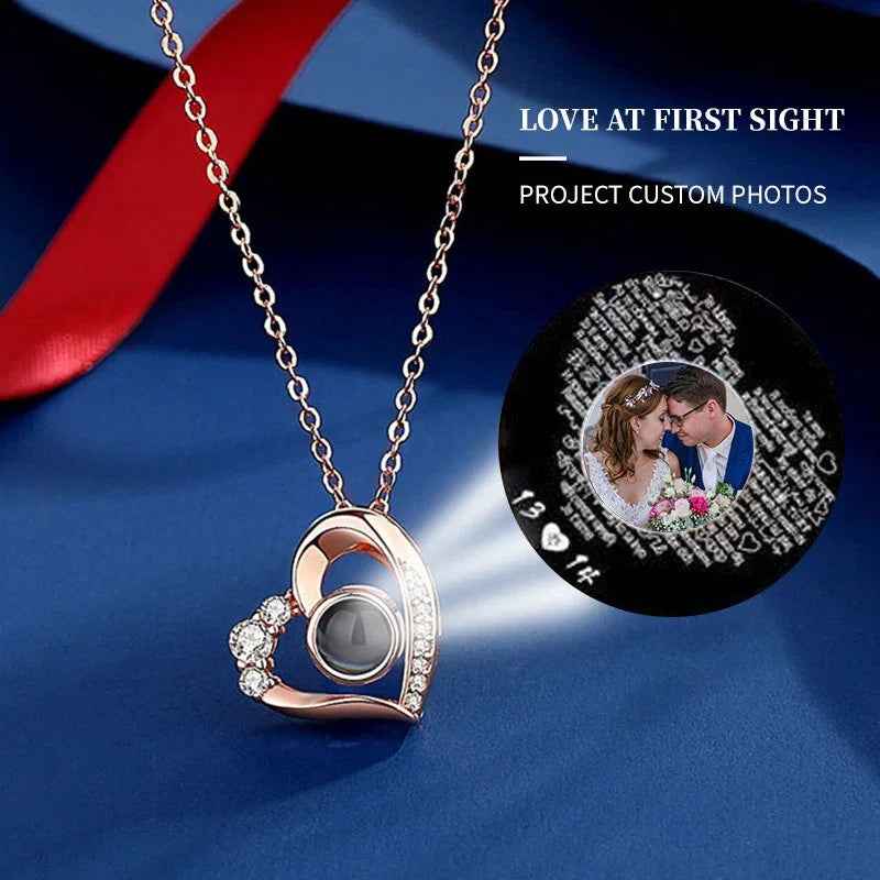 925 Silver Photo Projection Necklace – “I Love You” in 100 Languages Personalized Pendant for Her
