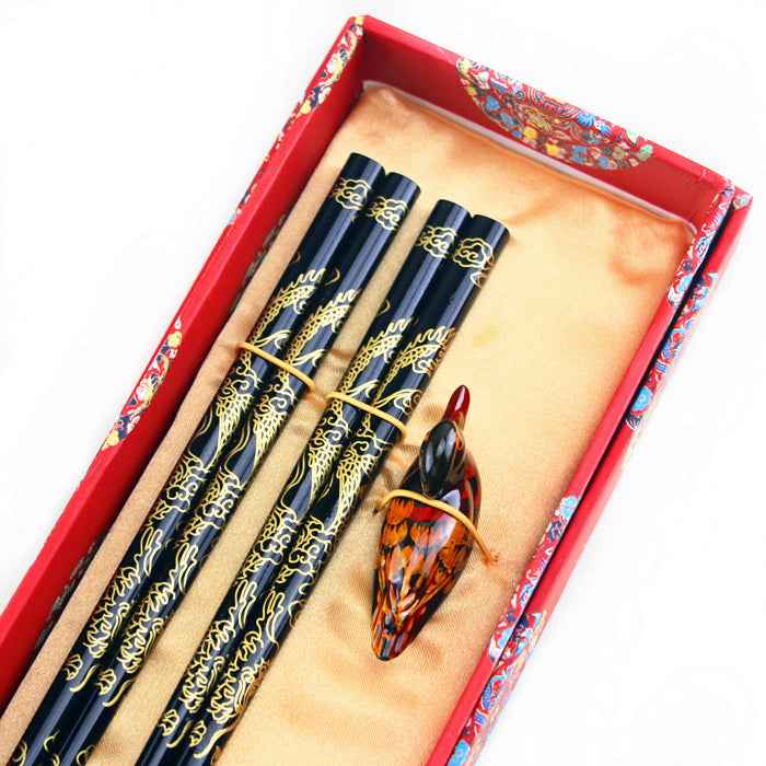 Luxury Teak Wood Chopsticks Set – Black Golden Dragon Design Gift Box Chopsticks