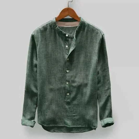 Mens Stand Collar Long Sleeve Shirt  Lightweight Cotton Blend Casual Loose Fit Top