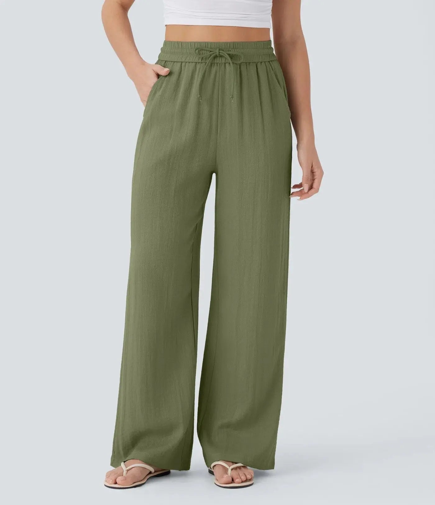 Women’s High-Waisted Wide Leg Pants – Drawstring Linen-Feel Trousers with Pockets | Casual Relaxed Fit TED