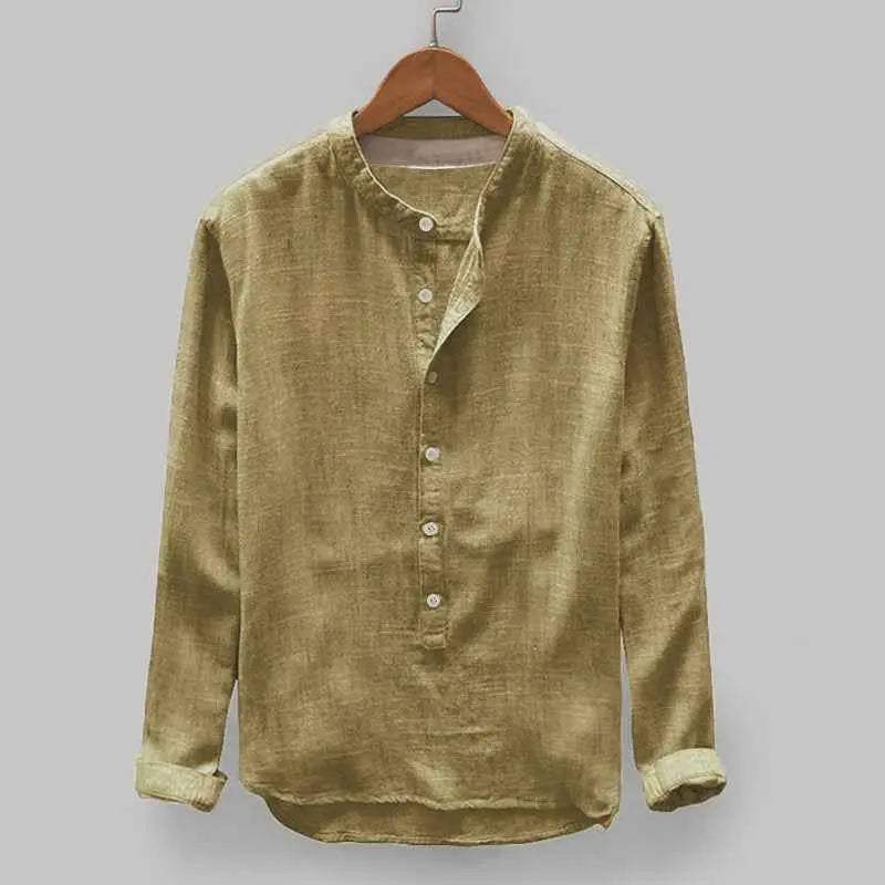 Mens Stand Collar Long Sleeve Shirt  Lightweight Cotton Blend Casual Loose Fit Top