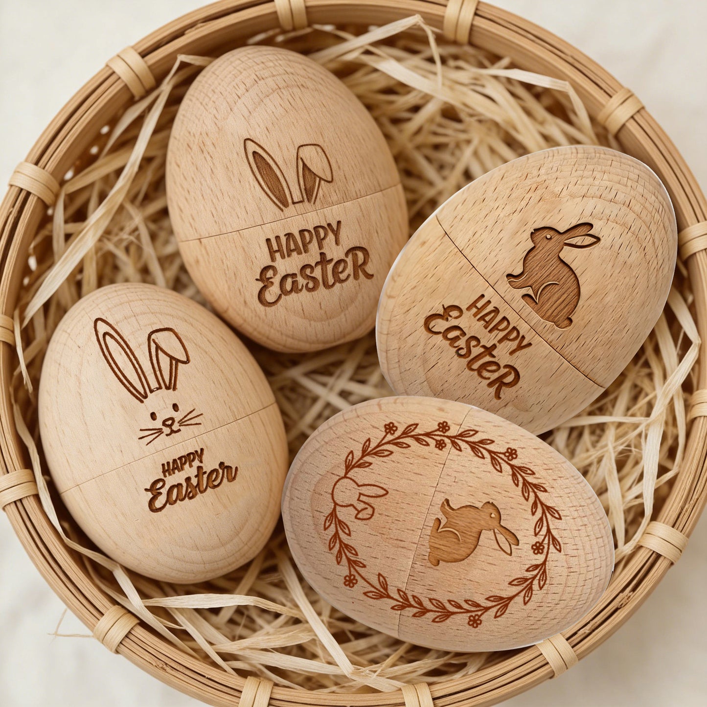 Laser Engraved Wooden Easter Eggs - Rustic Hollow Easter Ornament Decorations