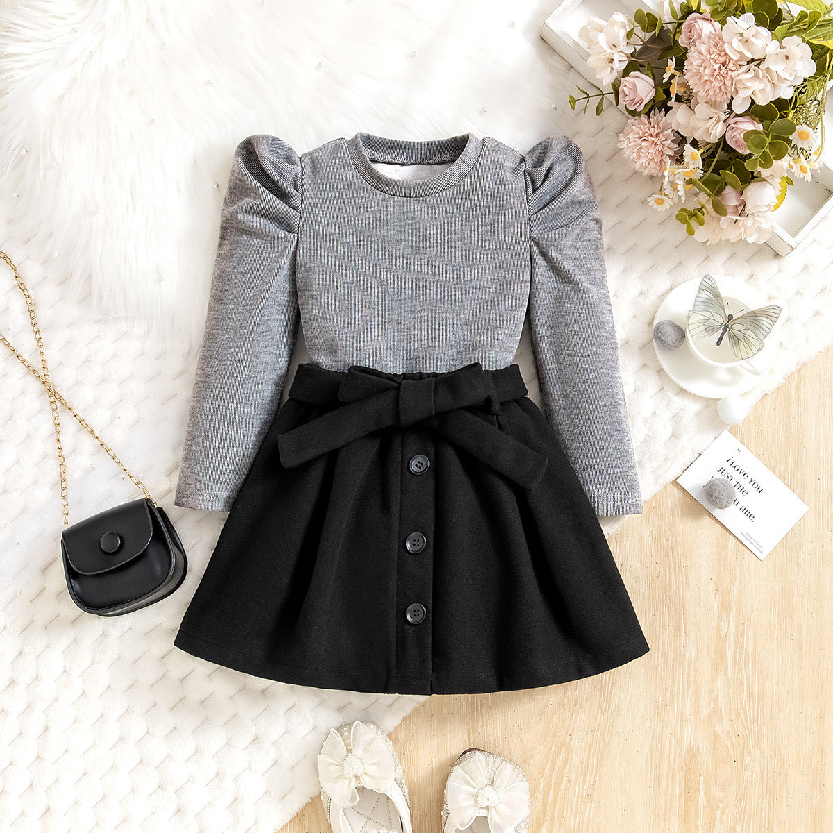Girls Two Piece Long Sleeve Top & Skirt Set | Cotton Two Piece Clothing - EverCharm Gifts
