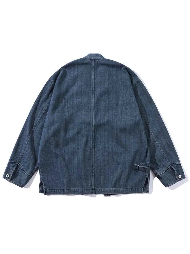 Mens V-Neck Denim Jacket Washed Cotton Oversized Ethnic Style Casual Coat