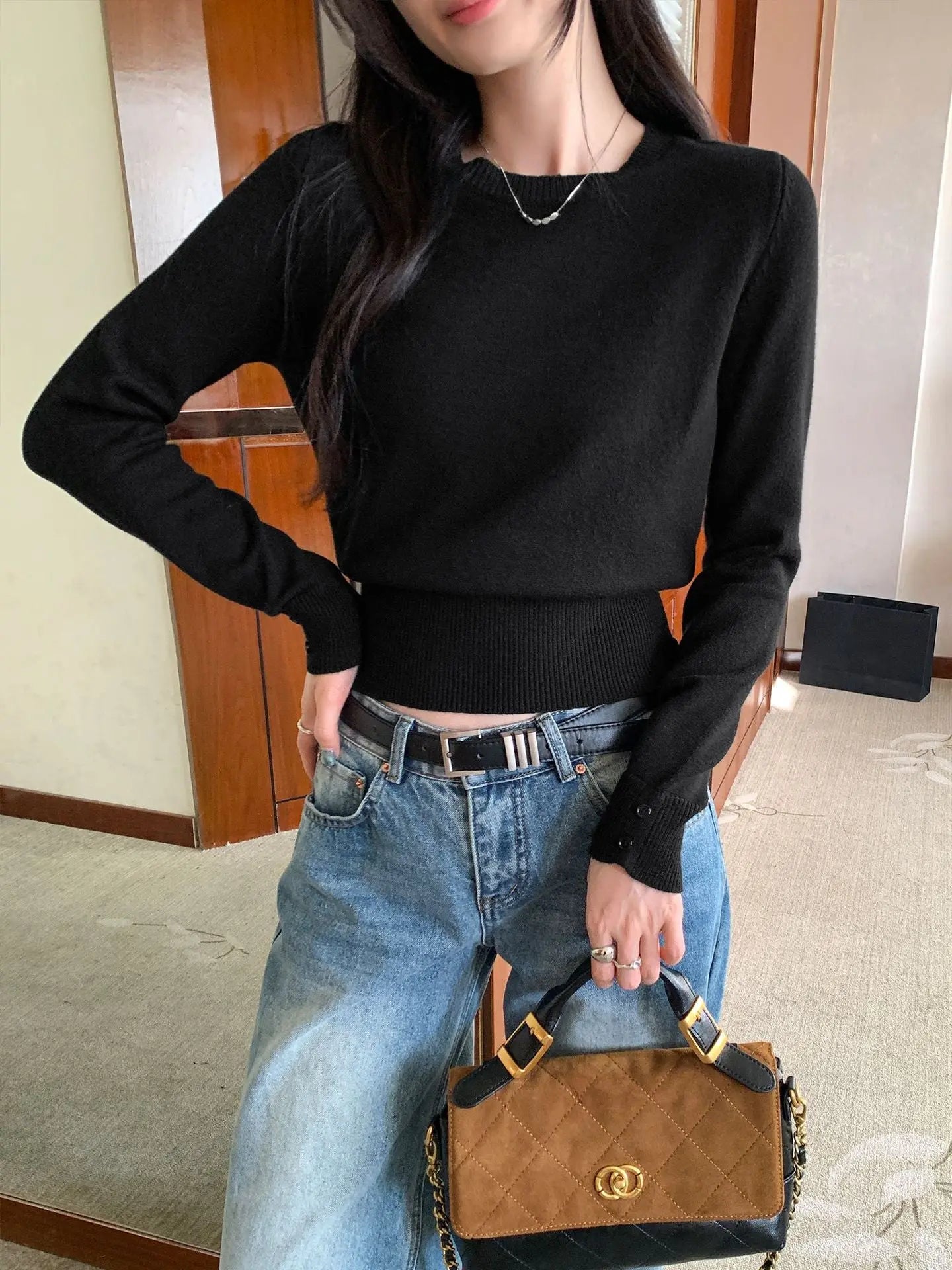 Women’s Soft Knit Slim Fit Top – Round Neck Long Sleeve Sweater EPR