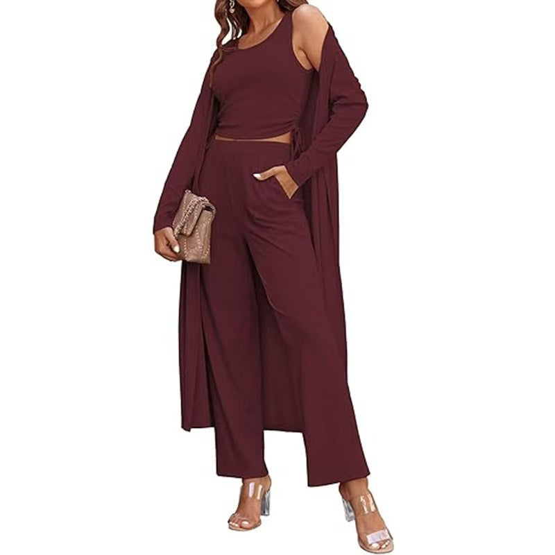 Women’s 3-Piece Knit Lounge Set – Long Sleeve Cardigan, Vest & Drawstring Pants | Elegant Casual Matching Outfit EPR