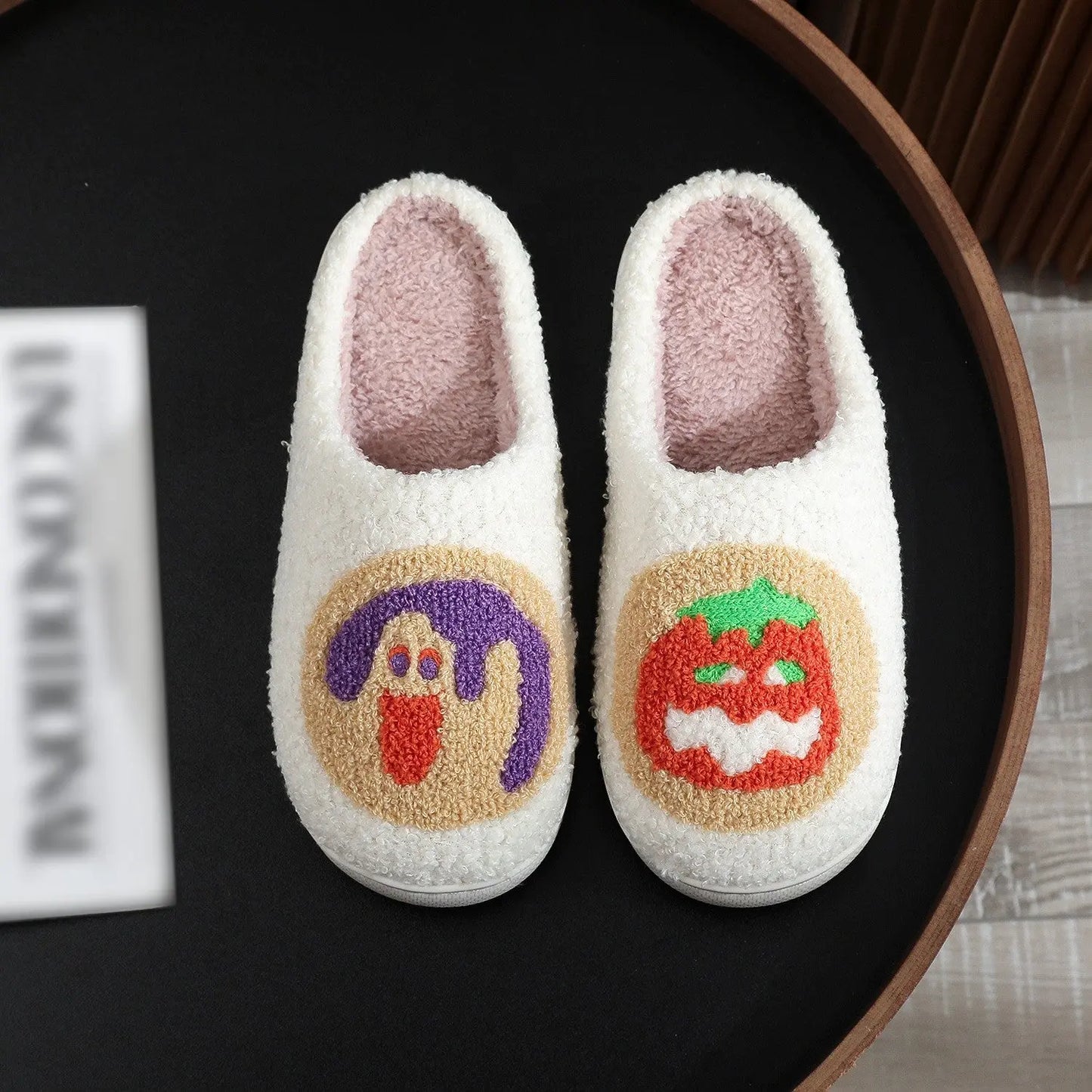 Halloween Plush Slippers Skull Pumpkin Ghost Cozy Anti-Slip Indoor Shoes TED