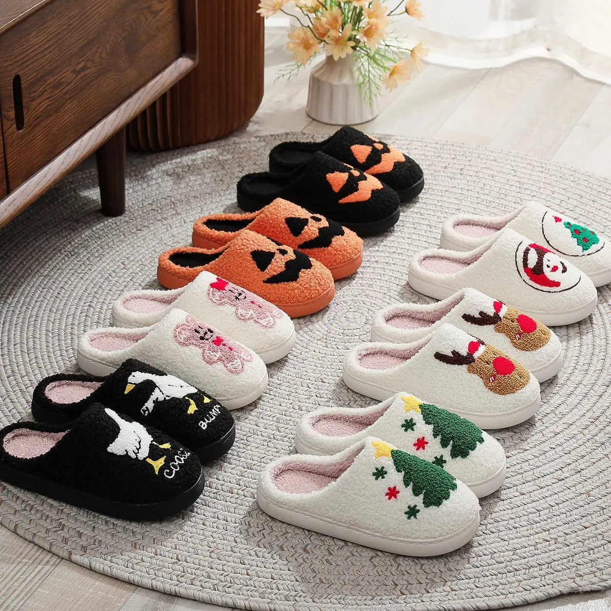 Halloween Plush Slippers Skull Pumpkin Ghost Cozy Anti-Slip Indoor Shoes TED