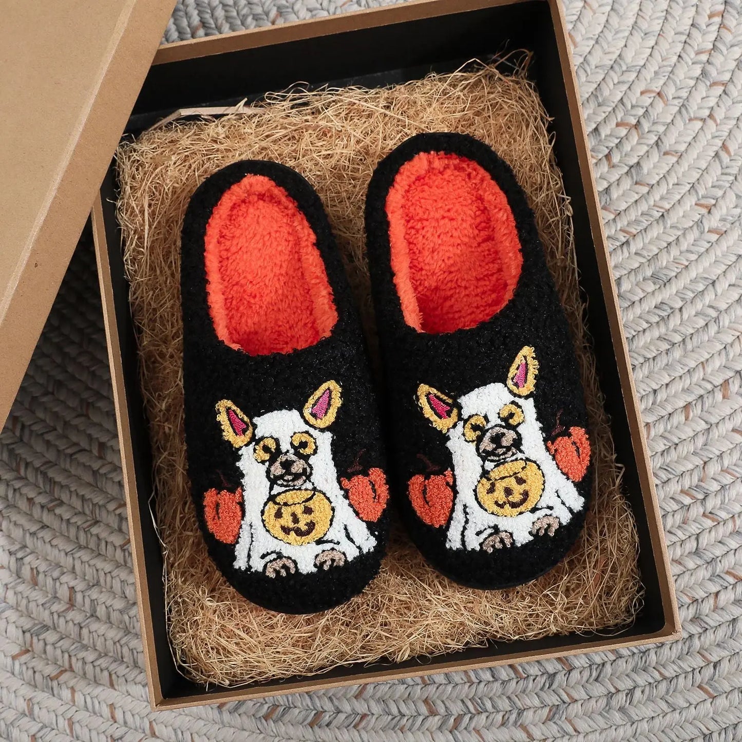 Halloween Plush Slippers Skull Pumpkin Ghost Cozy Anti-Slip Indoor Shoes TED
