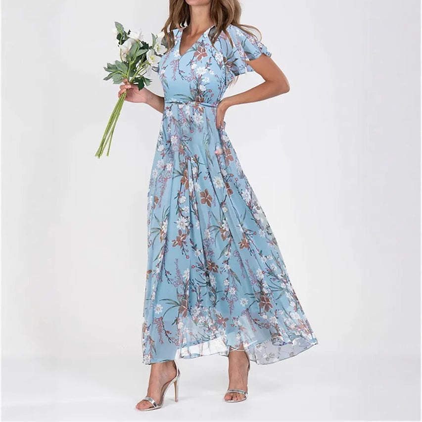 Womens Floral Chiffon Maxi Dress - Ruffle V-Neck Off-Shoulder Swing Dress | Elegant Boho Summer Dress TED