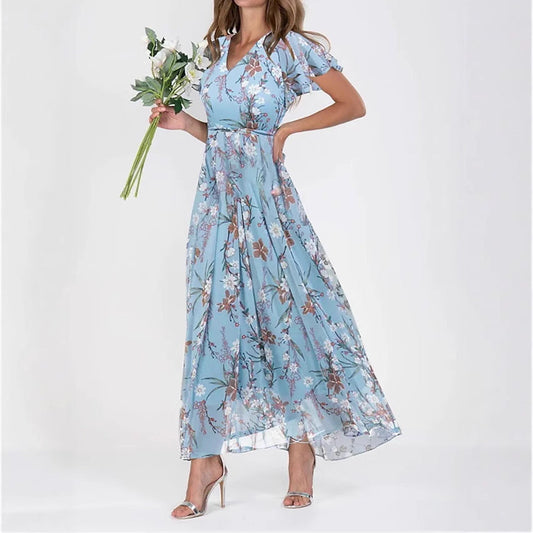 Womens Floral Chiffon Maxi Dress - Ruffle V-Neck Off-Shoulder Swing Dress | Elegant Boho Summer Dress TED
