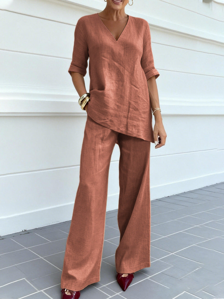 Womens Cotton Linen Lounge Set V-Neck 3/4 Sleeve Top & Casual Wide Leg Pants | Relaxed Two-Piece Outfit TED