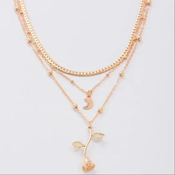 Bohemian Moon & Rose Gold Necklace Multi-Layer Flower Pendant Chain TED