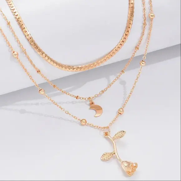 Bohemian Moon & Rose Gold Necklace Multi-Layer Flower Pendant Chain TED