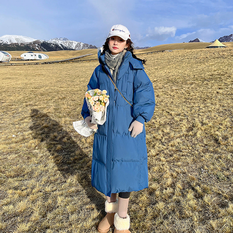 Women’s Long Hooded Puffer Coat – Knee-Length Cotton Winter Jacket | Loose Fit Zip-Up Warm Parka EPR