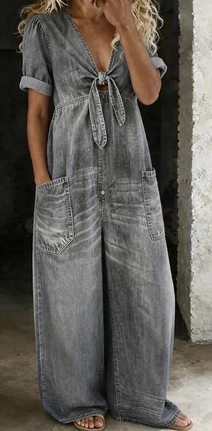 Womens Denim V-Neck Jumpsuit - Casual Loose Fit Straight Leg Romper | Free Shipping