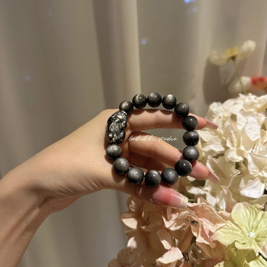 Silver Obsidian Jewelry Bracelet | Handmade Wealth & Prosperity Crystal Bracelet - EverCharm Gifts