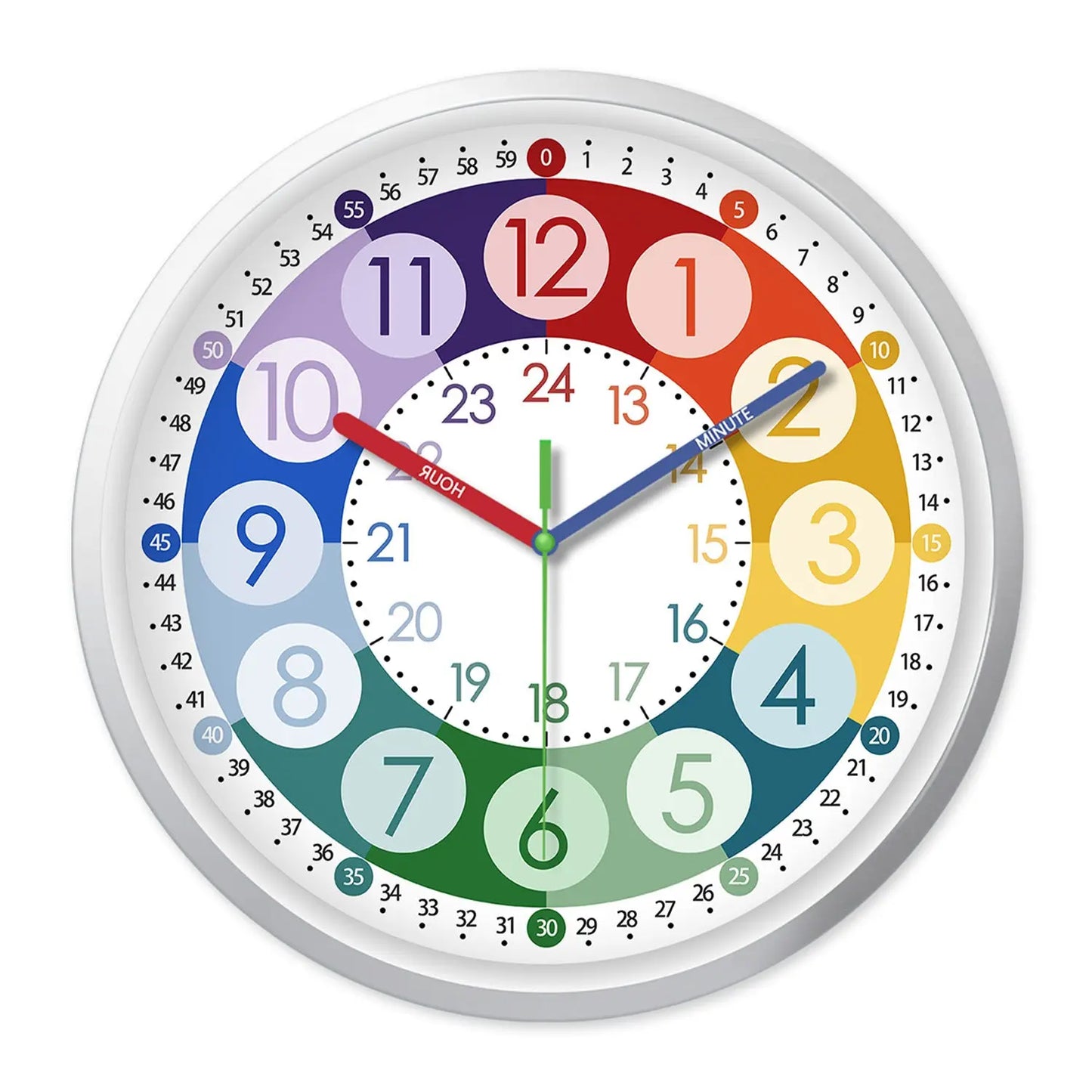Rainbow Silent Wall Clock ? Modern Quartz Educational Clock for Kids & Home | Colorful No-Tick Decorative Clock TED