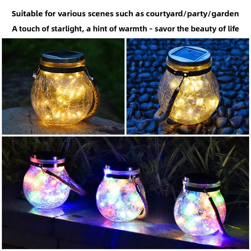 Solar Hanging Glass Lantern Cracked Jar LED Garden Light Warm White Outdoor Decor TED