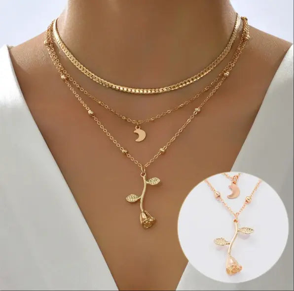 Bohemian Moon & Rose Gold Necklace Multi-Layer Flower Pendant Chain TED