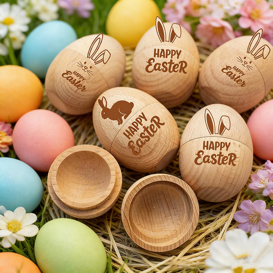 Laser Engraved Wooden Easter Eggs - Rustic Hollow Easter Ornament Decorations