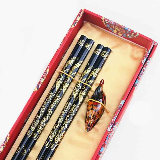 Luxury Teak Wood Chopsticks Set – Black Golden Dragon Design Gift Box Chopsticks
