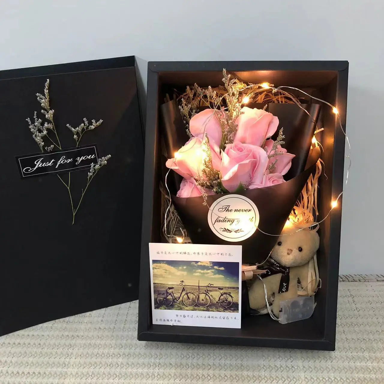 LED Soap Flower Bouquet Gift Set Romantic Rose Arrangement with Bear & Gift Box TED
