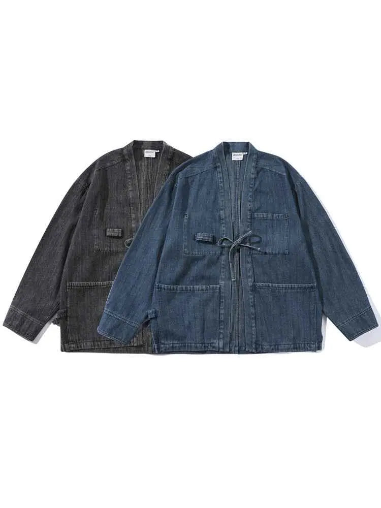 Mens V-Neck Denim Jacket Washed Cotton Oversized Ethnic Style Casual Coat