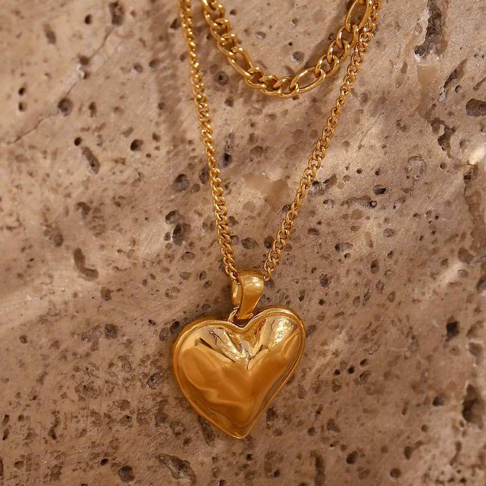 Gold Heart Pendant Necklace Double Layer Waterproof Stainless Steel Mother’s Day Gift Jewelry