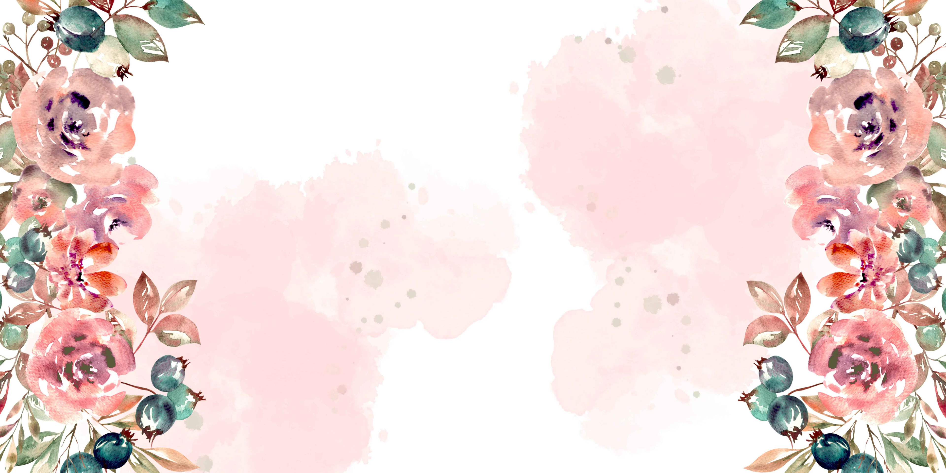 Watercolor floral border with pink and purple flowers, green leaves, and berries on a white background